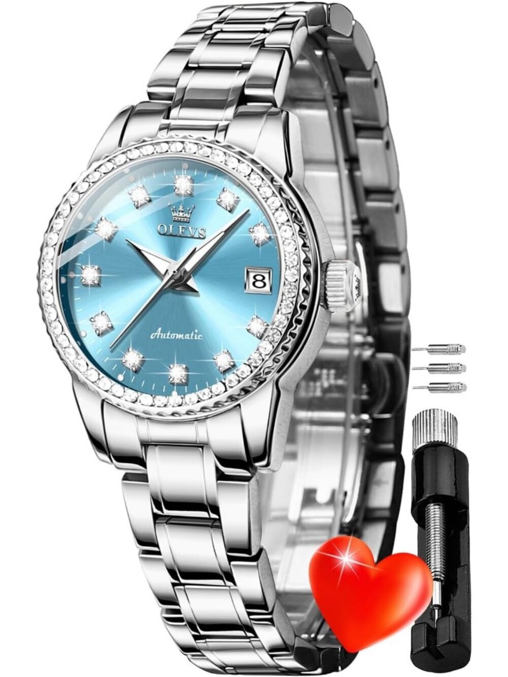 Women's Light Blue Automatic Diamond Luxury Mechanical Stainless Wrist Watch